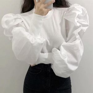 Women's Blouses & Shirts IMucci 2022 Womens Tops And White Black Round Collar Korean Fashion Lantern Sleeve Pleated Women Shirt Tide TM1002