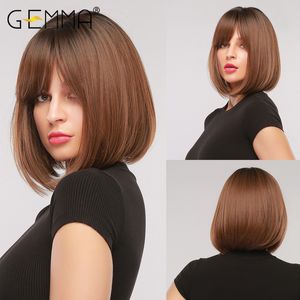 Gemma Synthetic Short Straight Bob Wigs with Bangs for Women Girls Natural Ombre Black Brown False Hair Heat Resistant Fiber