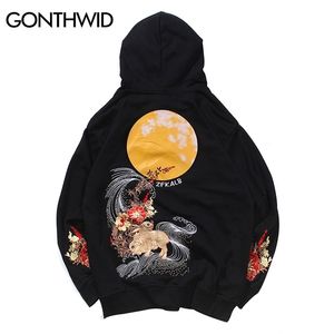 Gonthwid Broderi Animal Blommor Kaniner Skriv ut Hooded Sweatshirts harajuku Fashion Pullover Hoodies Hip Hop Casual Streetwear 220325