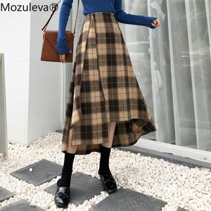 Mozuleva Kadınlar Vintage Chic Ekose Etekler Sonbahar Kış Kış Yüksek Bel Bölünmüş Düzensiz Hem Kadın Yün Etekler Gevşek Aline Etekler 210311