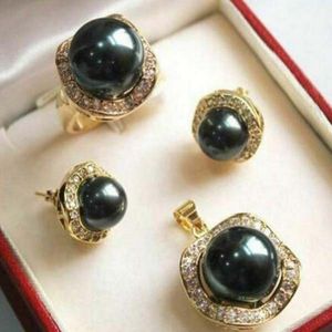 AAA 10mm färg South Sea Shell Black Pearl Earring Ring Halsband Pendant Set