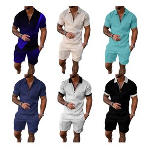 2022 Summer Print Casual Tracksuits For Men Short Sleeve Slim Fit Zipper Lapel Polos Tshirt and Sport Shorts 2 Piece Polo Set G15
