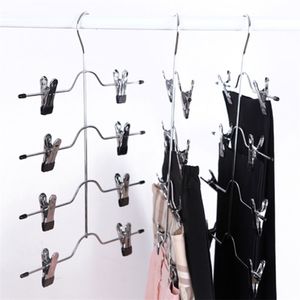 Multifunctional 4 Layer Stainless Steel Pants Hanger Rack Clip Skirt With 8 Clips Storage Organizer Save Space 220408