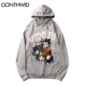 Gonthwid herr streetwear hoodie hip hop sweatshirt japansk anime tecknad tryck huva mens harajuku bomull pullover svart 220813