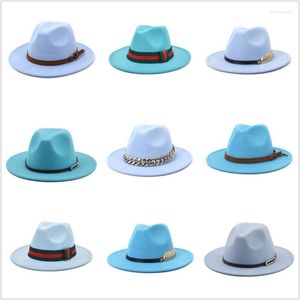 Wide Brim Hats Sky Blue Wool Felt Jazz Fedora Men Women Sombrero British Style Trilby Formal Panama Caps Dress Cowboy Sun Hat Elob22