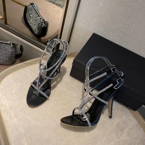 Sandálias de salto alto de uma palavra sandálias femininas 2022 Novo verão Rhinestone Style Style Square Head Stiletto Roman Shoes Fashion Sandals