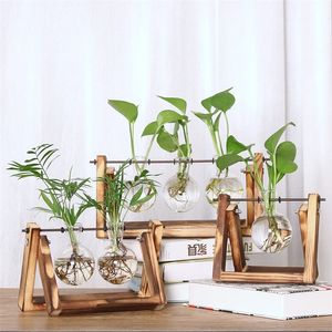 Terrarium Creative Hydroponic Plant Transparent Vase Wooden Frame vase decoratio Glass Tabletop Plant Bonsai Decor flower vase 220423