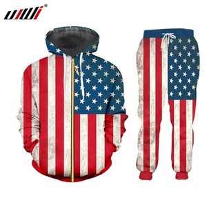 Ujwi novidade harajuku 3d bandeira americana estrelado listras calças de impressão e capuz zip 2 conjunto de homens/mulheres jogador 201210