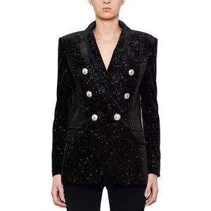 B809女性デザイナーブレイザー衣料品質スタイリッシュ2022女性用ブレザーコートシルバーブリングスパンコールライオンボタンベルベットジャケット