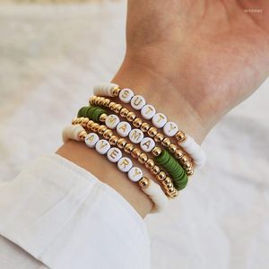 ビーズストランド5pcsハートブレスレットセットゴールドカラーグリーンブレスレット女性ポリマークレイルビーママレター名JewelryBeaded Lars22