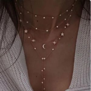 Pendant Necklaces Fashion Simple Full Diamond Moon Pentagram Multi-layer Metal Women's Necklace Jewelry Set GiftPendant