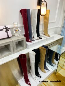 Yeni moda tasarımcısı Amina Muadi Black Saçlı Ayak Parçası Botlar Kadın At Nalı Topuk Botları Diz Çöl Botları Radyant Kristal Kış Ayakkabıları Kutu No389