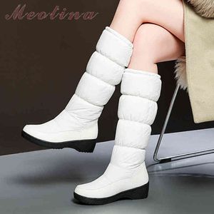 Orta buzağı botları kadın ayakkabı med topuk kar platformu blok topuklu yuvarlak ayak parmağı sıcak bayan kış bej boyutu 44 210517