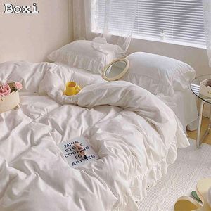 Japan Style Solid Color Bedding Set Cute Girl Ruffle Lace Pink Skirt Kids Duvet Cover with Pillow Case Sheet for Women
