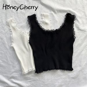 Lace Black Tops for Women Clothes Crop Top T Shirt Cute Sexy White Bustier Short Solid Spandex Stretch Knitted tops 220318