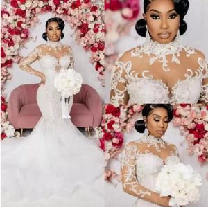 Wholesale sheer strap wedding dresses for sale - Group buy 2022 Modest Mermaid Wedding Dresses Long Sleeves Bridal Gown Beaded Crystals High Neck Lace Applique Sweep Train Custom Made African Plus Size Vestido De Novia B0408