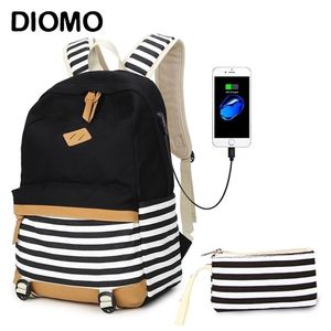 DIOMO USB Charging School Bags for Girls Canvas Cotton Fabric Fashion Striped Backpack for Children Bag Pack Schoolbag LJ201225