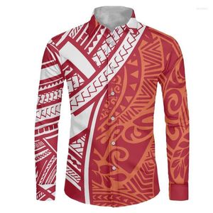 Herrklänningskjortor samoan tribal tatuering tryck knapp upp skjorta män kläd mode fall avslappnad rött/vit långärmad herrar tröjor