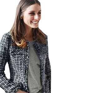 여성 패션 코트 가을 가을 겨울 얇은 검은 색 체크 무늬 트위드 캐주얼 격자 무늬 재킷 외부웨어 LJ201021