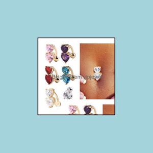 Navel Bell Button Rings Body Jewelry 6 Colors Reverse Crystal Bar Belly Ring Gold Piercing Two Heart Pierce K2682 Drop Delivery 2021 932Ru