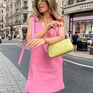 Claceive Sexig Vneck Pink Womens Dress Summer Casual Sleeveless Office Mini Dress Fashion Loose Laceup Female Dress 220704