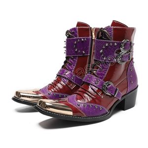 Zimowe modne buty metalowe kwadratowe palce nity kowboja krótkie buty mężczyźni koronkowe motocyklowe kostki buty wielki rozmiar