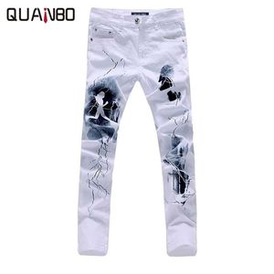 Quanbo Big Size White PrintedMen JeansファッションユニークなコットンストレッチジーンズマンSカジュアルキャラクターパターンバイカージーンズLJ200903