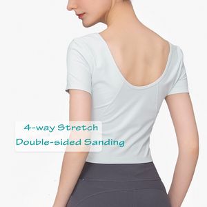 Camiseta LU Yoga nova blusa esportiva com decote em V feminina verão casual camiseta feminina sexy preta de manga curta com elasticidade em 4 direções