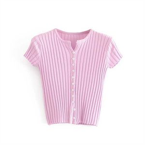 HSA Women Pink Knit Blouses Short Sleeve Sexy Button Up Blusa and Tops Solid Short Shirts Sexy Streetwear Slim Tops 210716