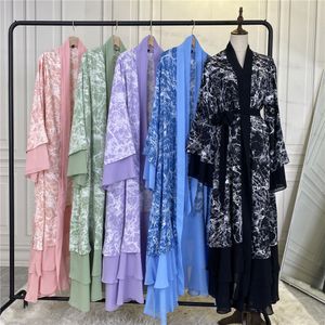 Chic Abaya muslimsk aftonklänning 2022 Cardigan Green Lilac Chiffon Långärmning Tryckt promklänningar med Belt Dubai Women Robe de Mariee Pink Black Blue Formal Party