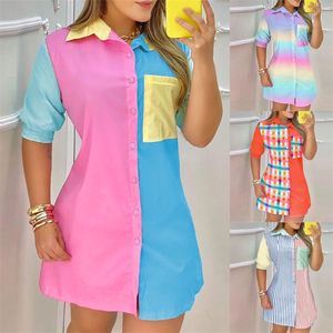 Front Pocket Design Colorblock Shirt Dress Casual Short Sleeve Button 220613