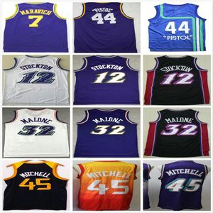 Retro Vintage Classic Basketball Jerseys John 12 Stockton Karl 32 Malone 44 Pistol 44 Pete 7 Maravich N