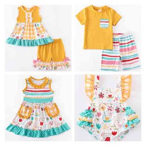 Girlymax Sibling Baby Girls Boys Senap Floral Stripe Romper Shorts Set Ruffles Klänning Bomull Barnkläder AA220326