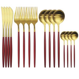 Flatvaruuppsättningar 4Set/16st Red Gold Middagsbestick Set Western Knives Fork Tea Spoon Dinner Tabeller Stål Rostfritt stål Silver Silverware S