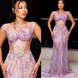 2022 Artı Boyut Arapça Aso Ebi Lilac Deniz Kızı Işıltılı Prom Elbiseler Sheer Neck Akşam Resmi Partisi İkinci Resepsiyon Doğum Günü Nişan Elbise ZJ111