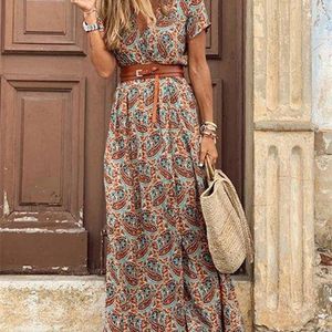 Langes Boho-Kleid für Damen, modisch, V-Ausschnitt, kurze Ärmel, Paisley-Druck, Kleider, Sommergürtel, großer Saum, Strandkleid, elegantes Maxikleid 220601