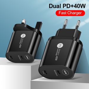 Carregador rápido duplo 20W USB tipo C Carga rápida 4.0 QC 3.0 para iPhone 13 Mini 12 Pro 11 Max Samsung S22 Huawei Xiaomi Oppo Vivo Lg Carregadores de parede UE Reino Unido EUA Plug Power Adapter