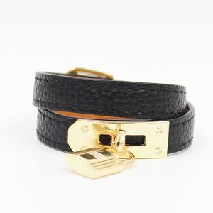 Luxury Leather Skin Armband Lock Designer Bangle Charm Armband smycken Kvinnor Män rostfritt stål dubbel wrap vakuum guld pating grossist