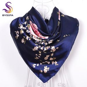 Bysifa Navy Blue Chinese Roses大きな四角いスカーフ女性エレガントシルクスカーフファッションレディースアクセサリー90 90cm