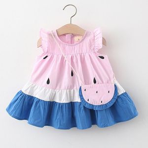 Flickans klänningar 2 -stycken Summer Born Clothes Toddler Girl Korean Cartoon Cute Watermelon Sleeveless Cotton Princess Baby Dress BC200Girl's