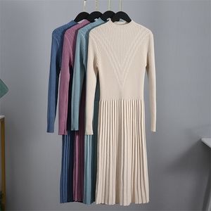 GIGOGOU Chic Long Knit Maxi Women Sweater Dress Thick Warm Winter Pleated Dress Female Rib Turtleneck A Line Dress Office Lady T200911