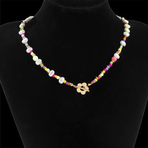 Chokers KunJoe Bohemian Colorful Small Seed White Imitation Pearl Beaded Necklaces Flower Shape Clasp Neck Chain For Women Men JewelryChoker
