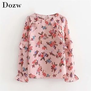 Floral Impressão Cetim Top Chic Mulheres Ruffles Blusa Doce Senhoras Manga Longa Blusa De Seda Casuais O-pescoço Túnica Feminina Tops 210414