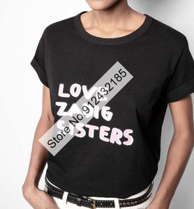 Damskie koszulki damskie bawełniany dekolt z krótkim rękawem literka drukowana TEE TOP - Kobiety swobodny czarny/szary topwomen's phyl22
