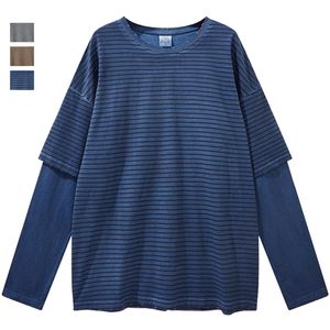 Fake Two-piece T Shirt Striped Oversized Gray Blue Long Sleeve Top Korean Style Fashion Loose Men's And Women's Clothing 220325