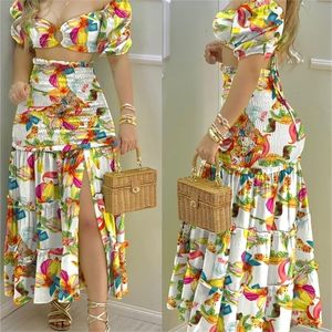 Summer Fashion Holiday Floral Print O Neck Crop Top Shirr Slit High midja Kvinnor Maxi kjol Set Female Fashion 220725