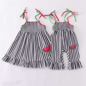 Girlymax Sibling Summer Baby Girls Woven Smocked Dress Print Ruffles Romper Rainbow Leopard Watermelon Kids Clothes220509
