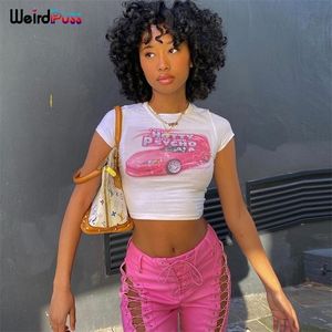 Weird puss y2k verão magro mulheres gráfico t shirt tendência do umbigo impressão o-pescoço esticamento de manga curta colheita topo streetwear slim t-shirt 220408