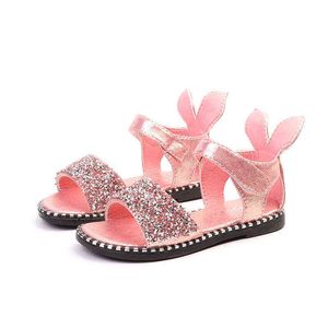 Sandaler småbarn sommarbarn flicka vit kanin öron prinsessor skor baby mjuk botten non-slip strass öppen tå sandaler rosa g220523