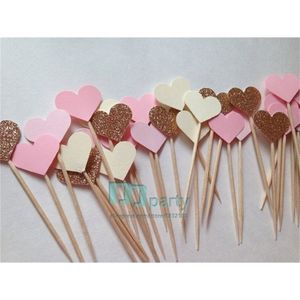 40PCS Handmade Lovely Pink Heart Cupcake ToppersGirl baby shower decorationsParty Supplies Birthday Wedding Party Decoration Y200618